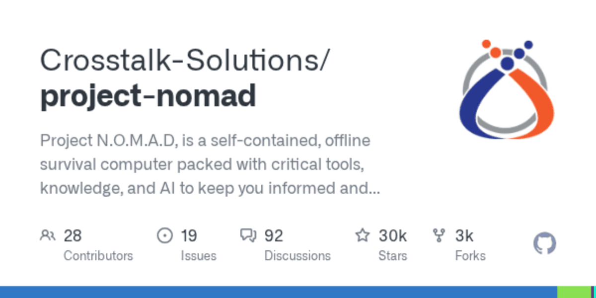 Crosstalk-Solutions/project-nomad — 离线生存计算机：AI+维基百科+地图+教育平台打包运行（27k ⭐）