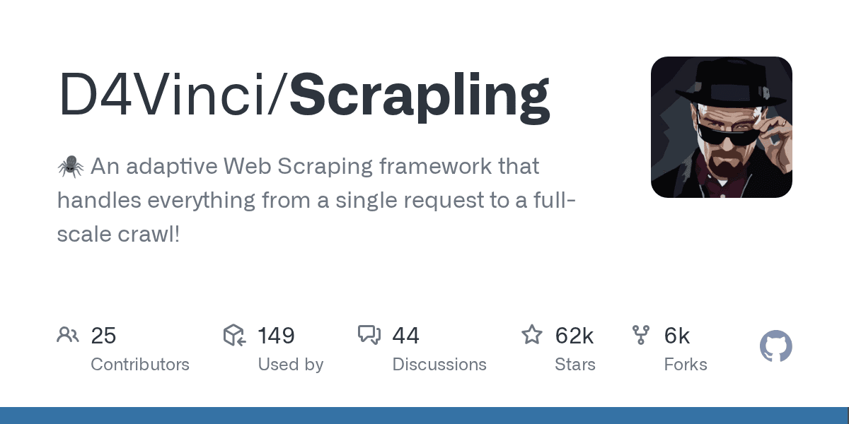 D4Vinci/Scrapling — 自适应网页爬虫框架，页面改版后自动重定位元素，绕过反爬（56k ⭐）