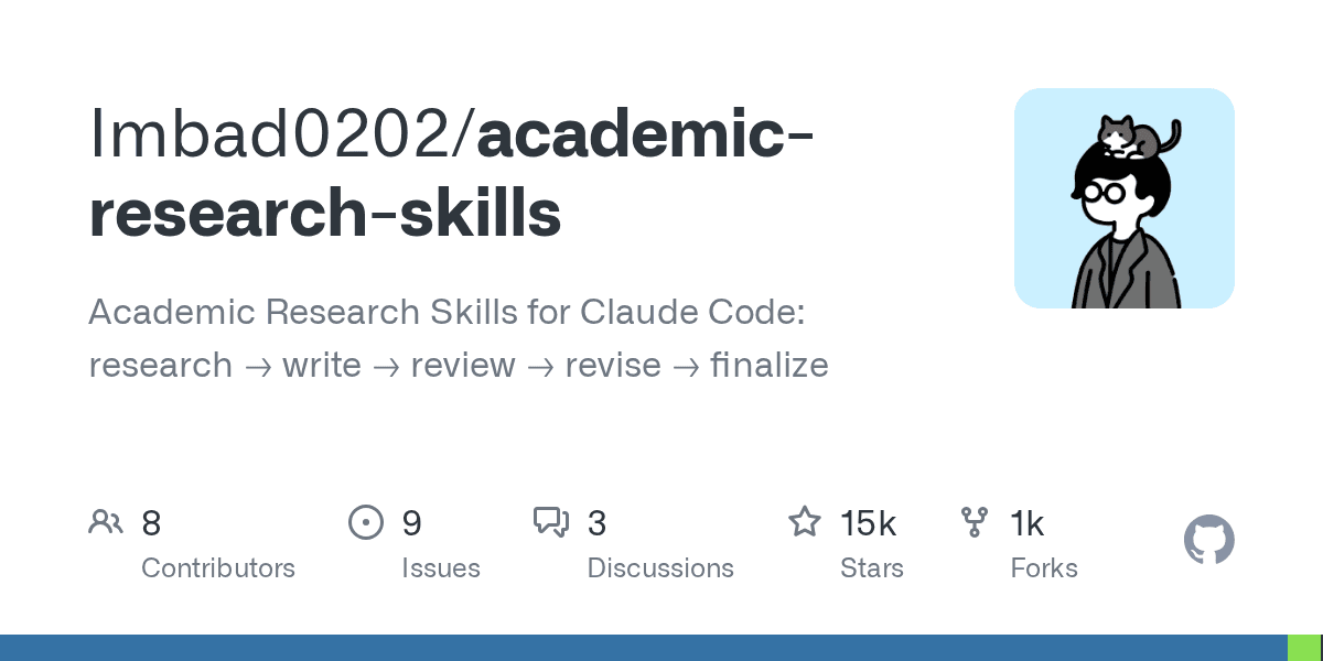 Imbad0202/academic-research-skills — 学术研究全流程 Claude Code Skills：调研→写作→审阅→修改→定稿（12k ⭐，今日 +1,439）