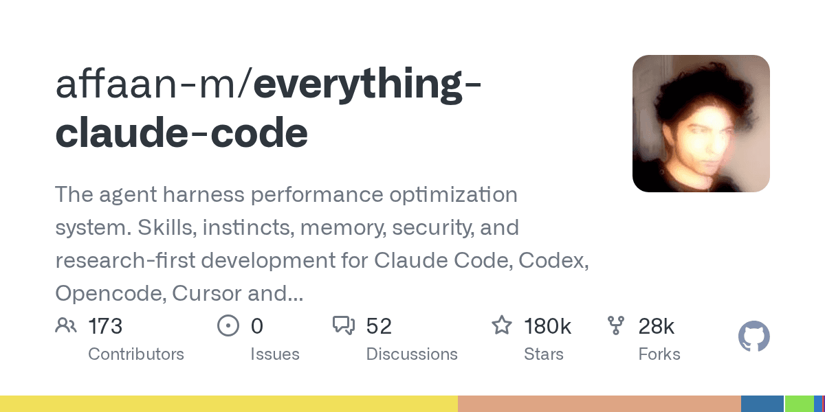 everything-claude-code — Agent 性能优化全套系统：Skills、本能、记忆、安全，178k ⭐ 现象级项目