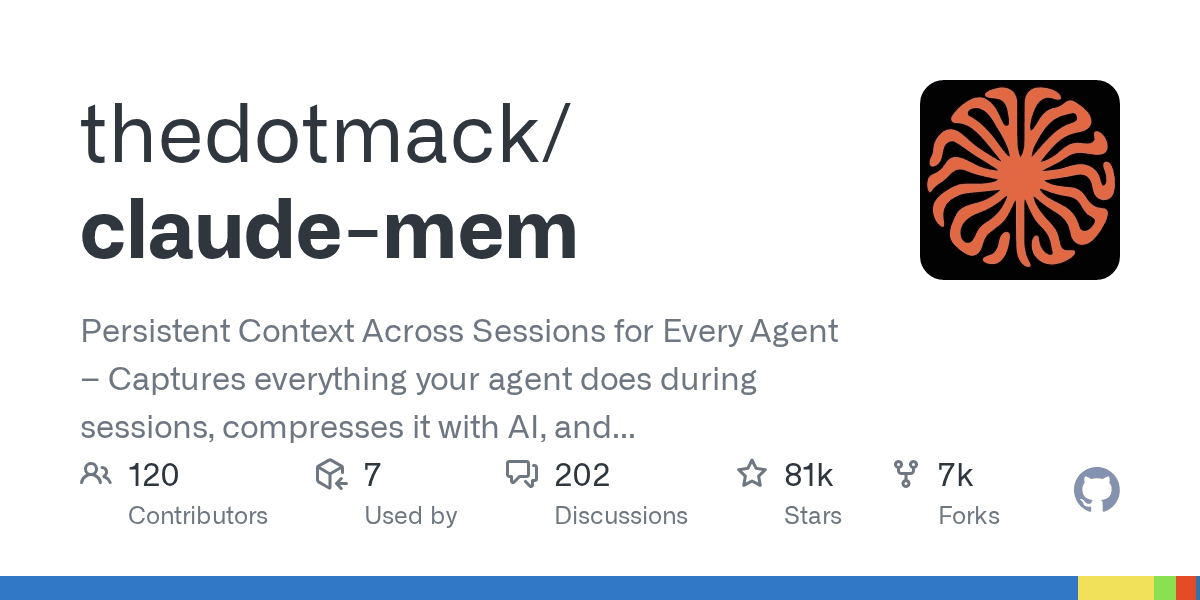 thedotmack/claude-mem — AI Agent 跨会话持久记忆系统，三层检索压缩上下文（78k ⭐）